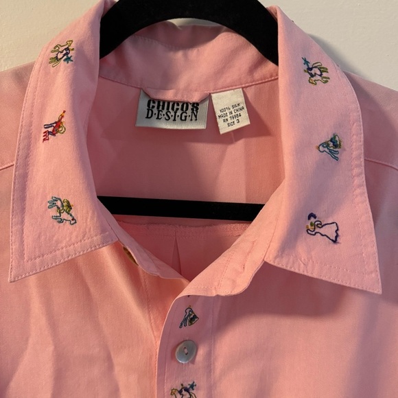 Chico's 100% Silk Pink Embroidered Chic Collared Button-Up Shirt Pearl Buttons - Picture 6 of 15